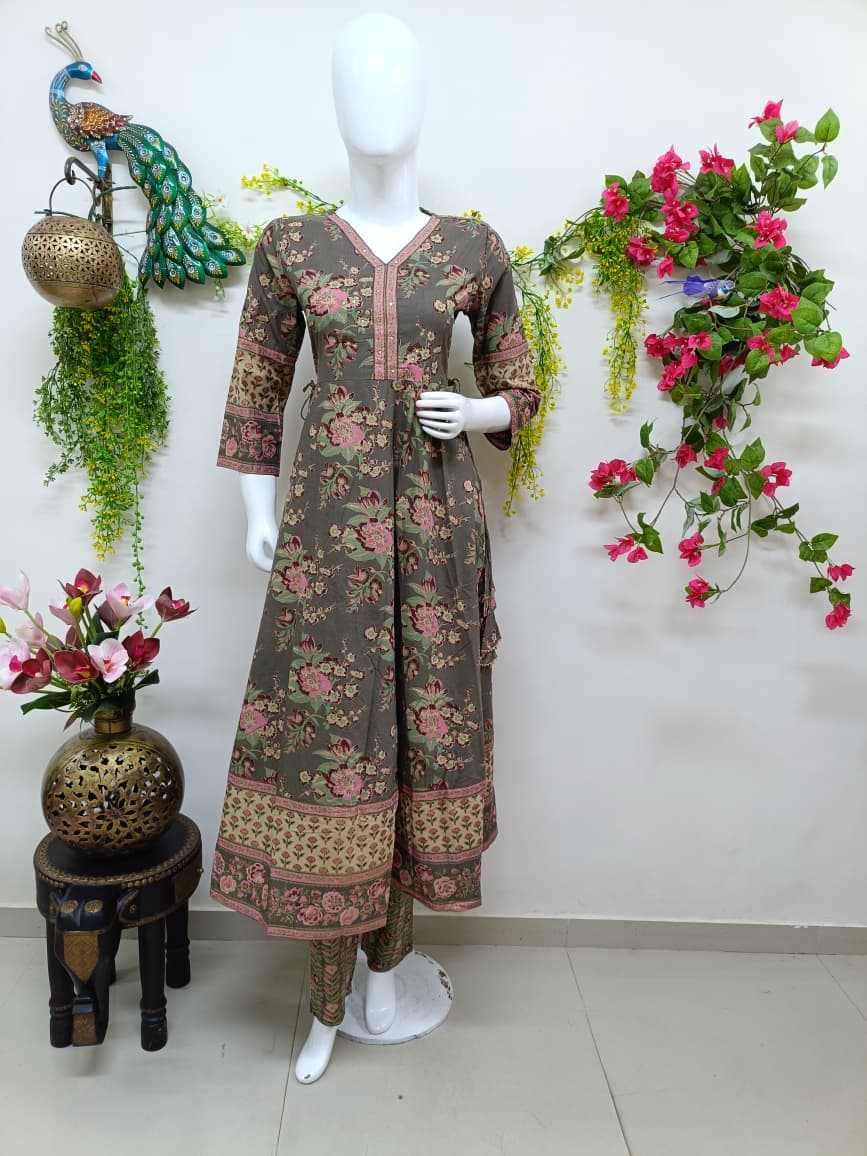 Olive Green with floral patterns