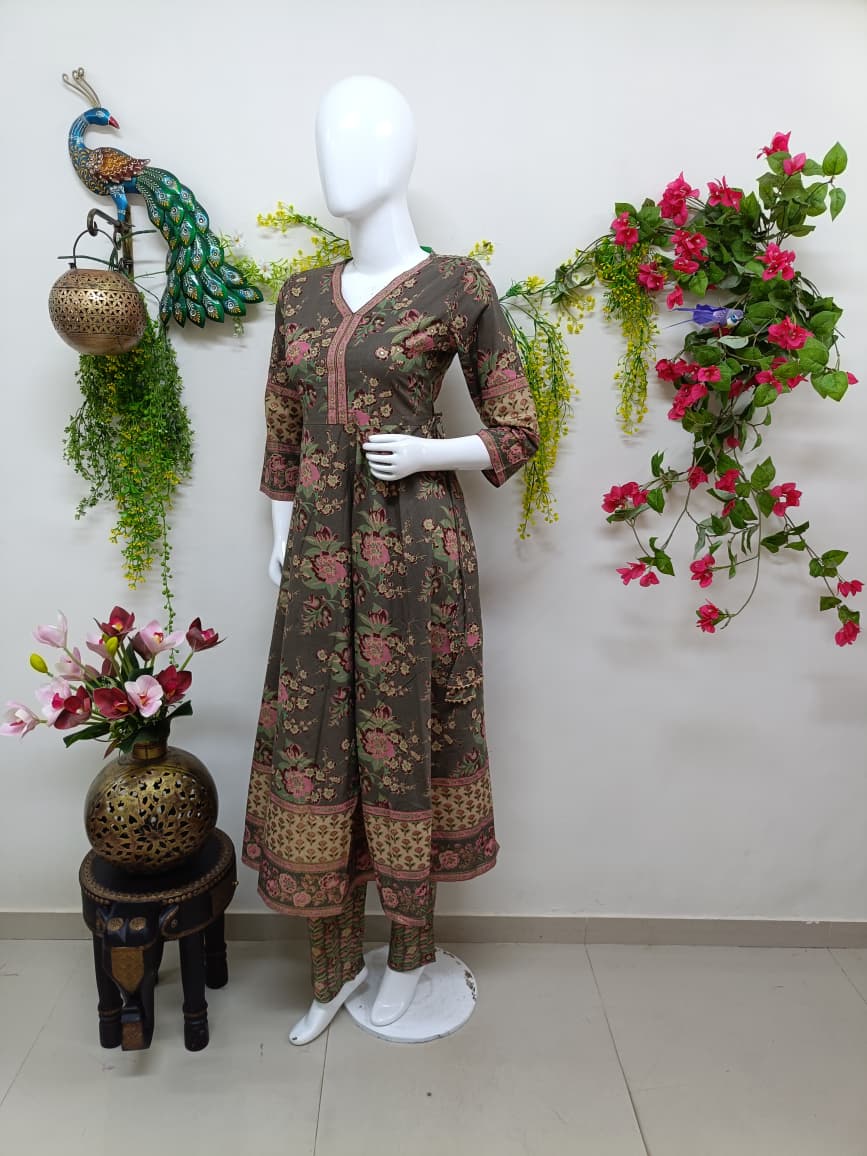 Olive Green with floral patterns