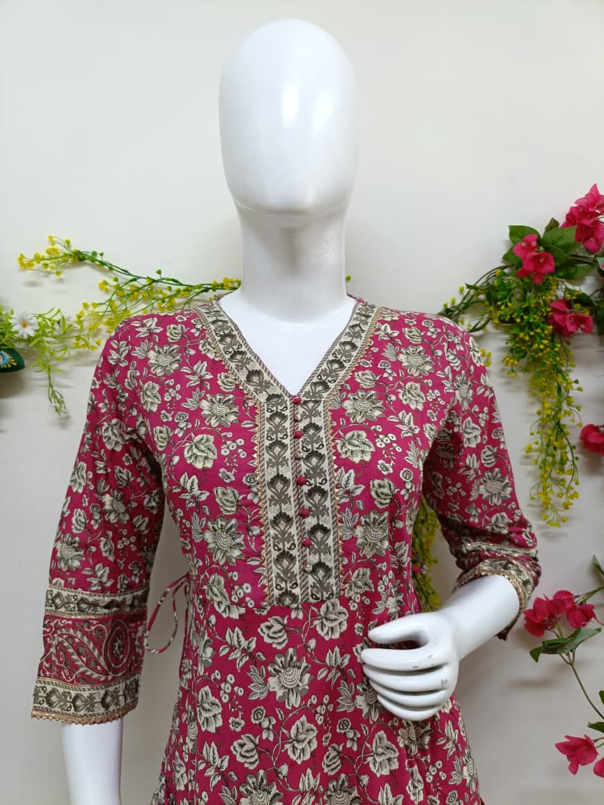 Rani pink with floral patterns