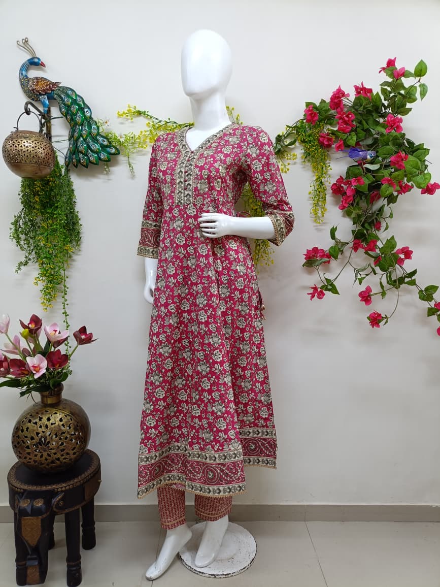 Rani pink with floral patterns