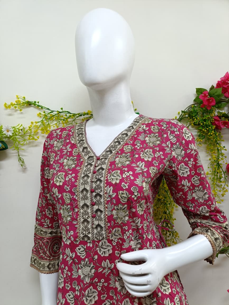 Rani pink with floral patterns