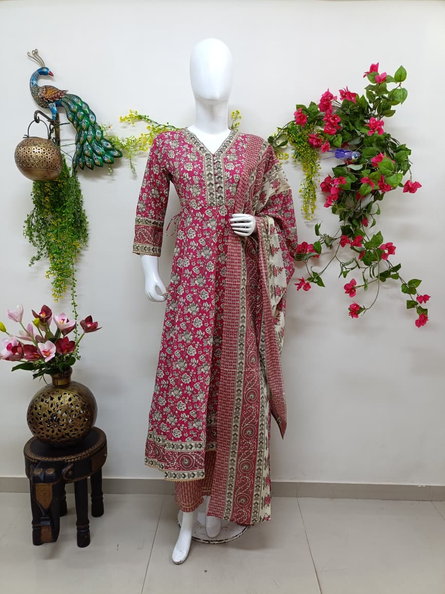 Rani pink with floral patterns