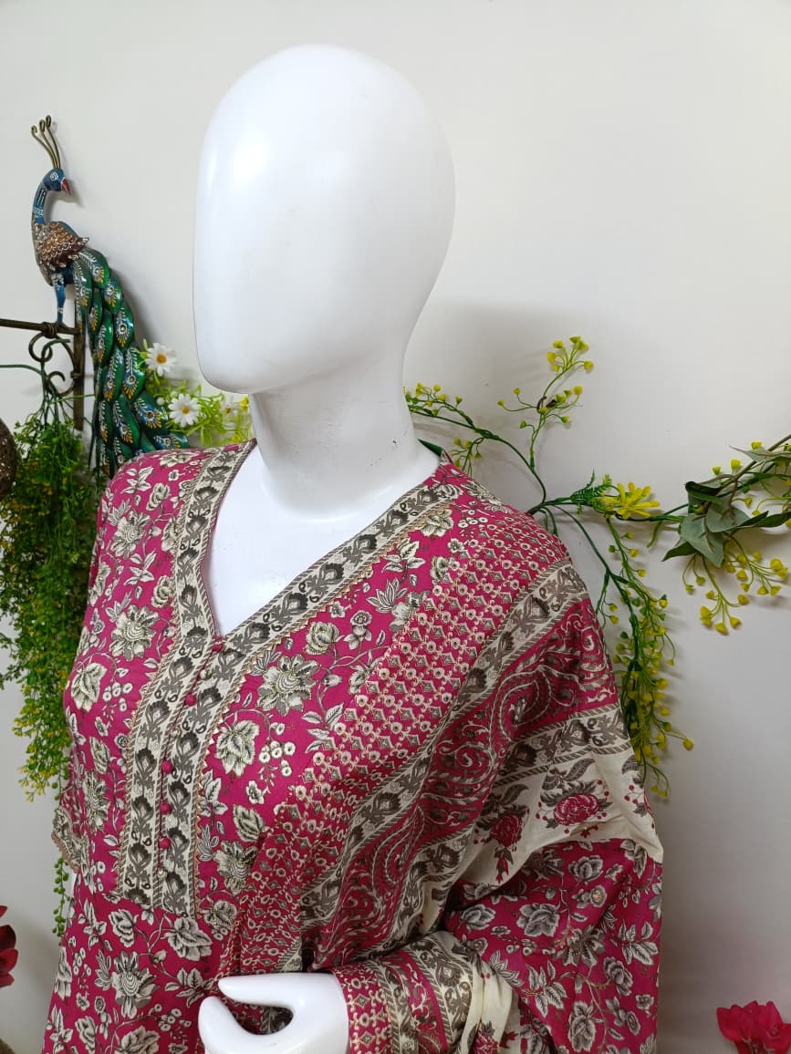 Rani pink with floral patterns