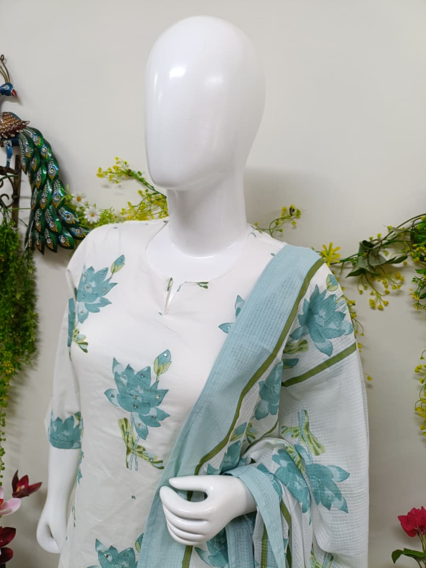 white with blue floral