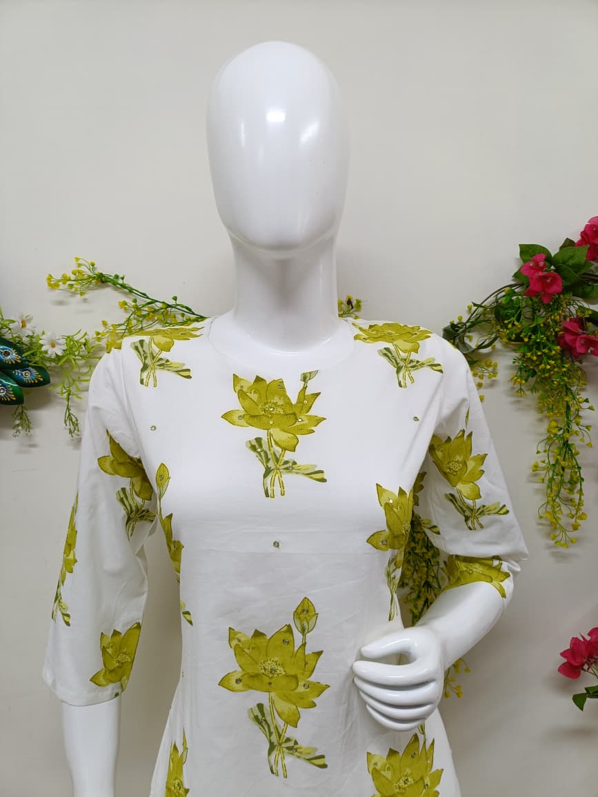 white with olive yellow floral