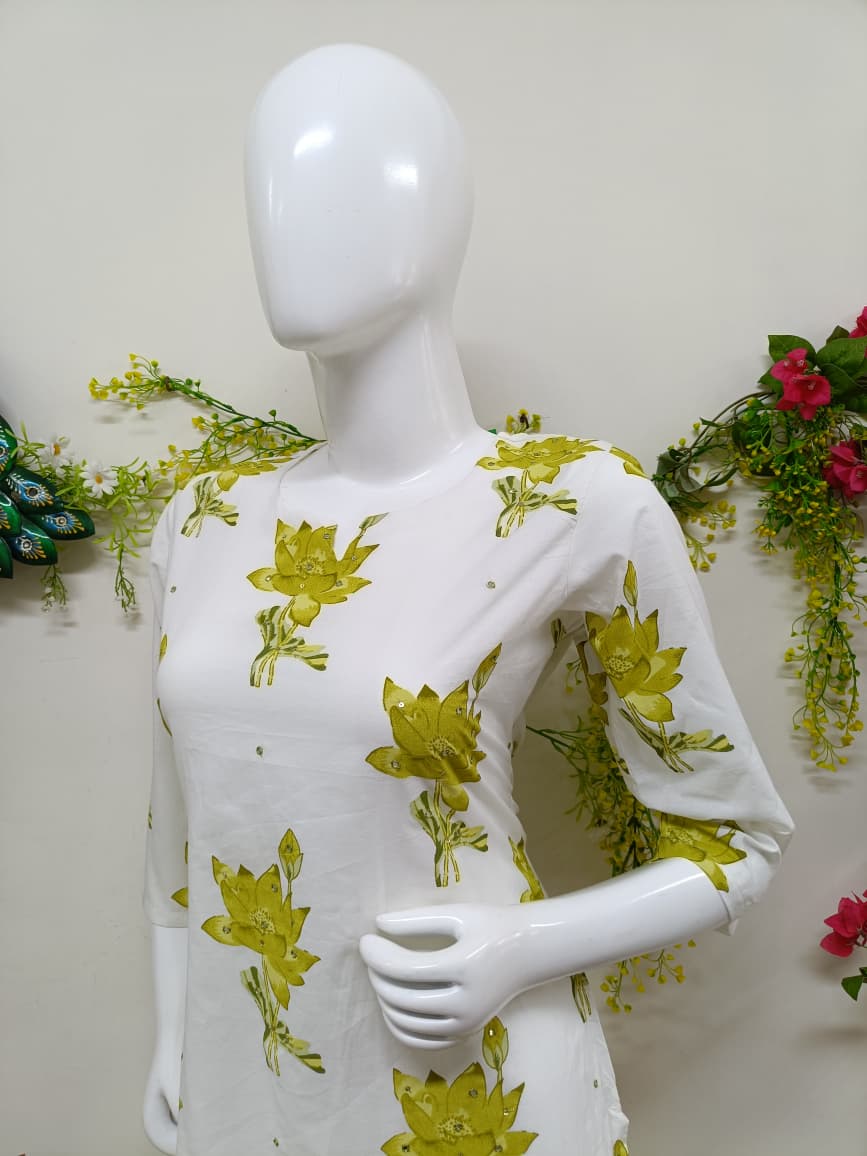 white with olive yellow floral