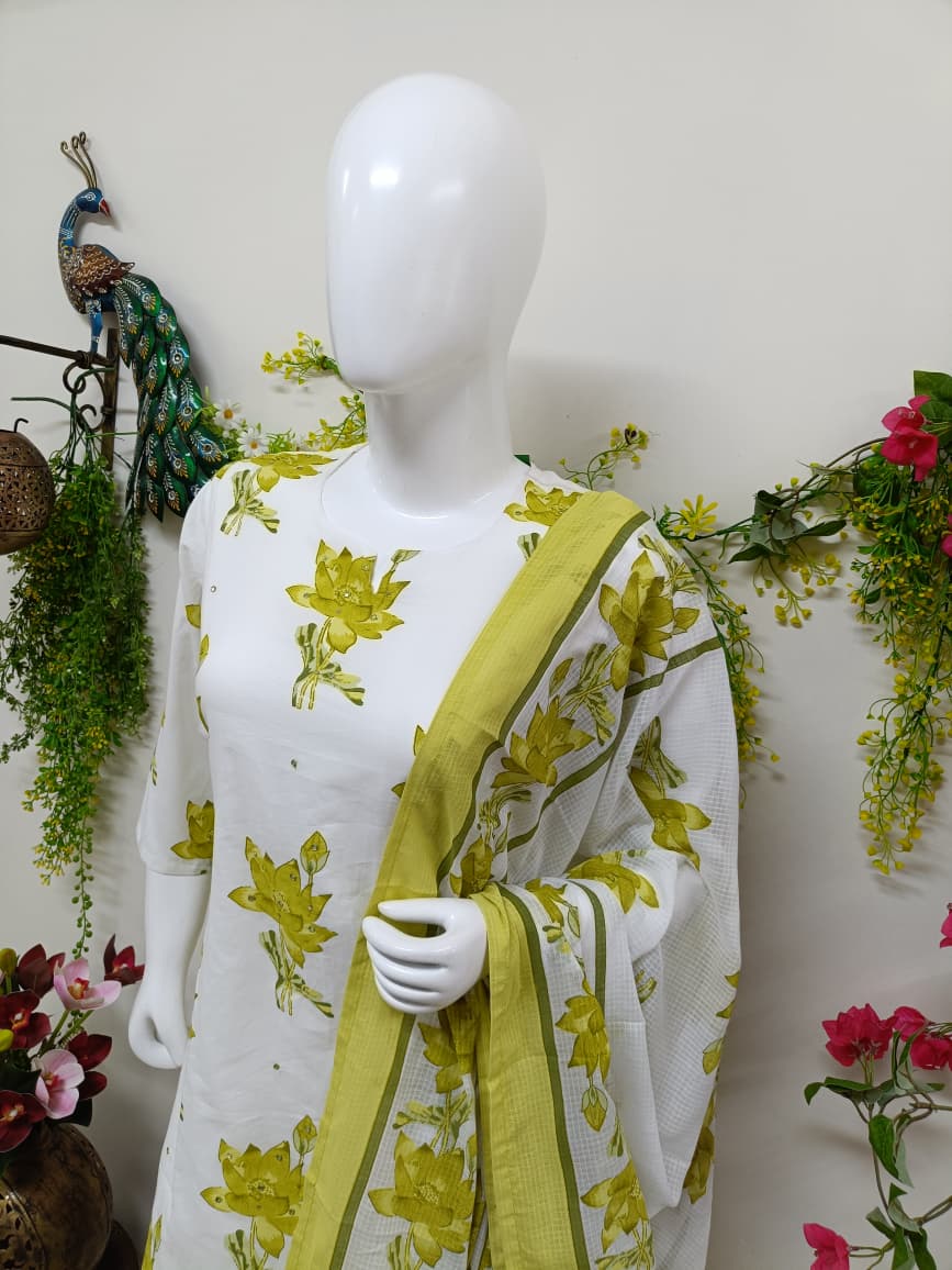 white with olive yellow floral