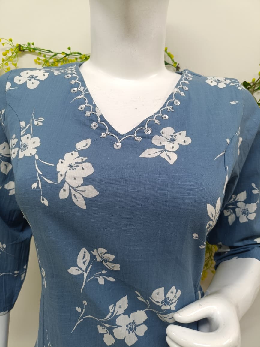 Slate blue with white floral prints