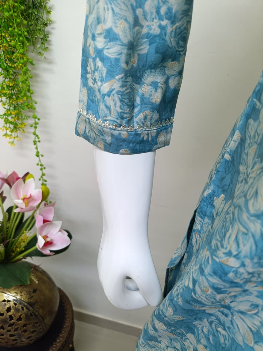 Slate blue with white floral prints