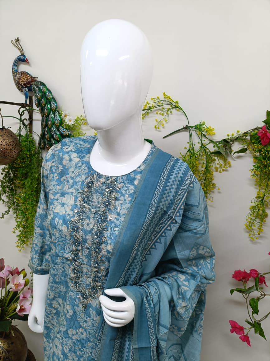 Slate blue with white floral prints