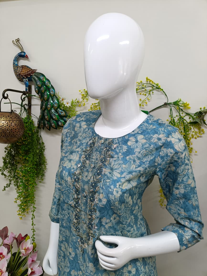 Slate blue with white floral prints
