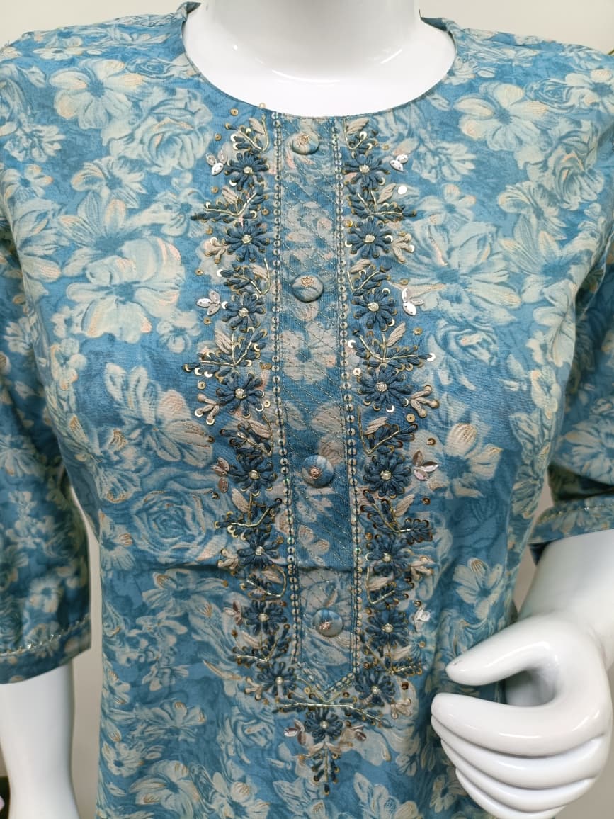 Slate blue with white floral prints