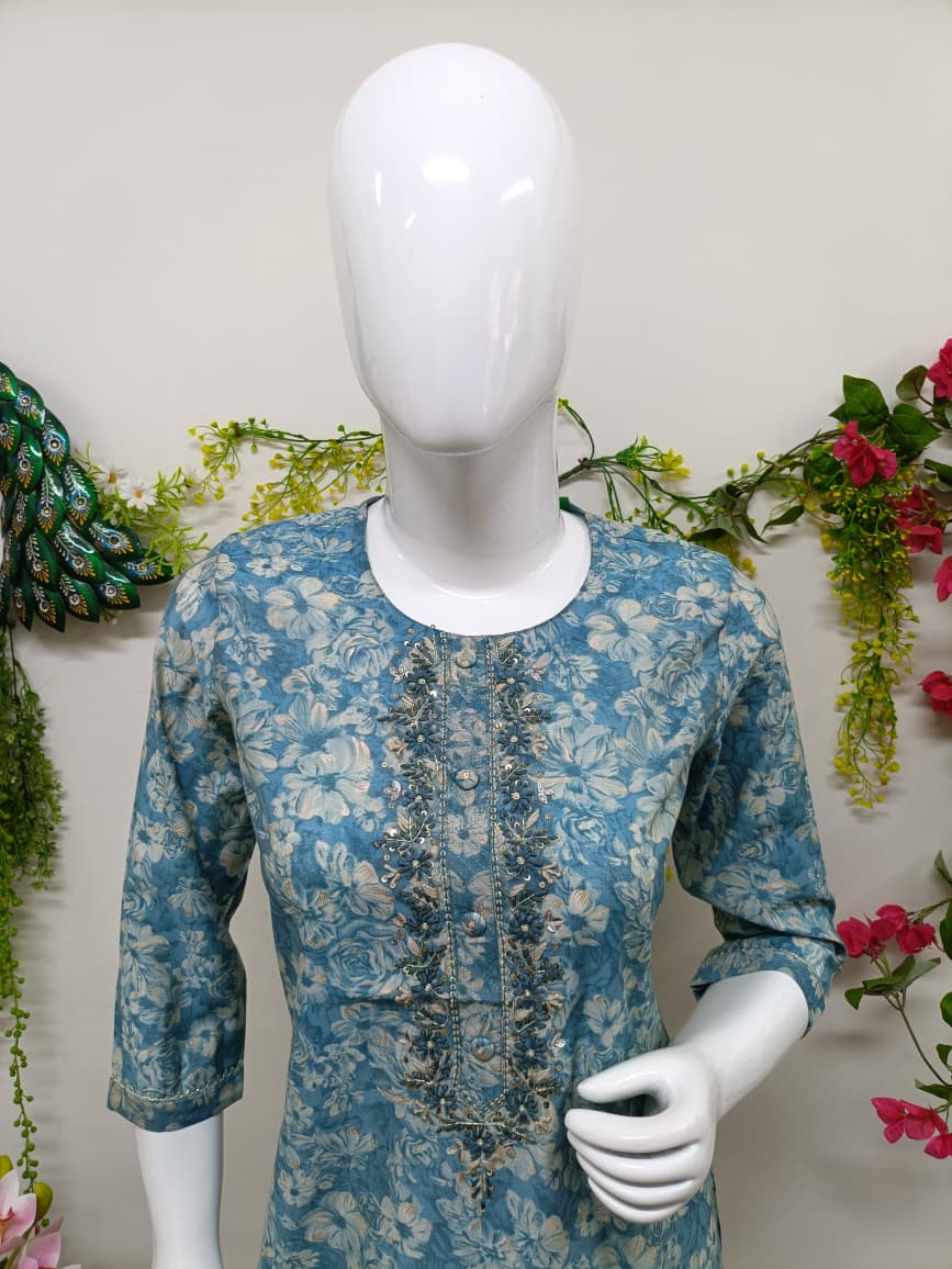 Slate blue with white floral prints