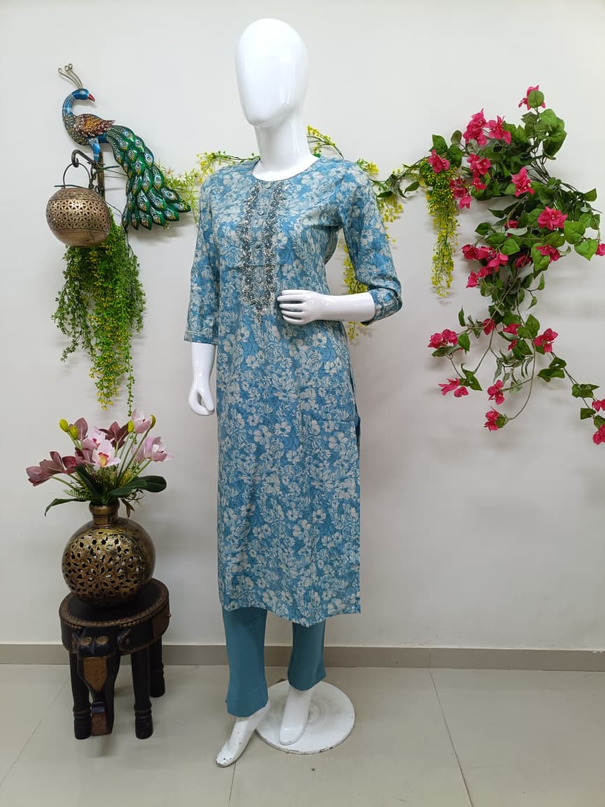 Slate blue with white floral prints
