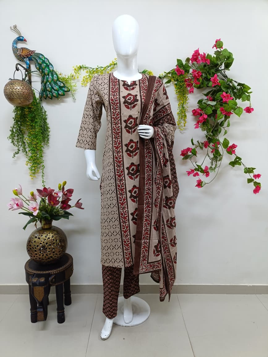 Soft camel beige & maroon floral print