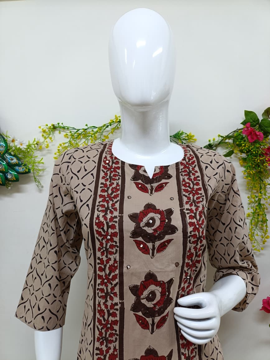 Soft camel beige & maroon floral print