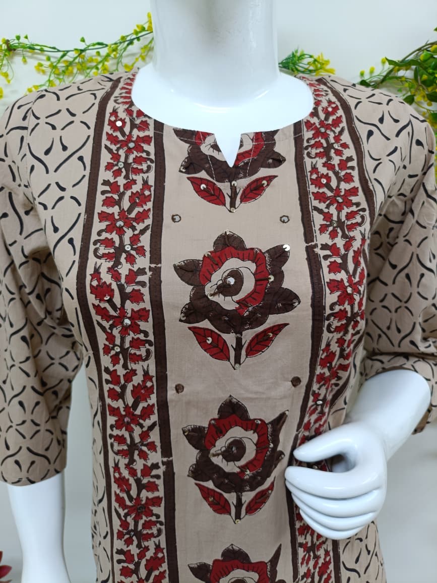 Soft camel beige & maroon floral print