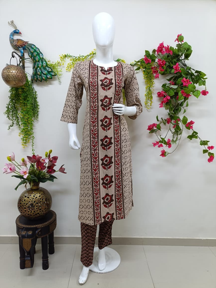 Soft camel beige & maroon floral print