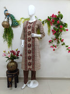 Soft camel beige & maroon floral print