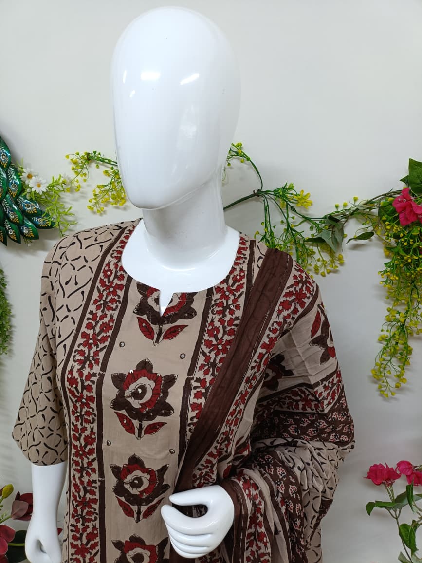 Soft camel beige & maroon floral print