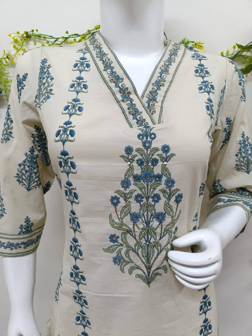 Cream with slate blue print