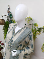 Cream with slate blue print