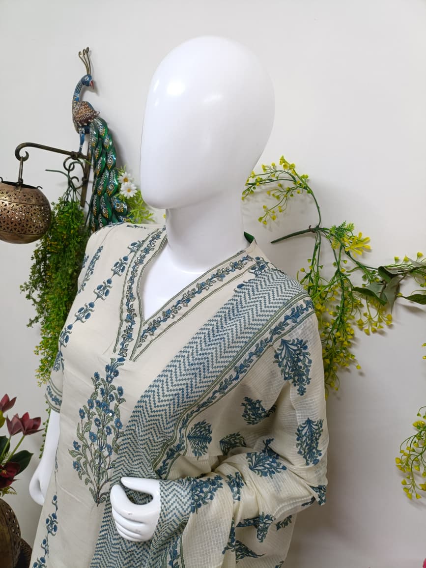Cream with slate blue print